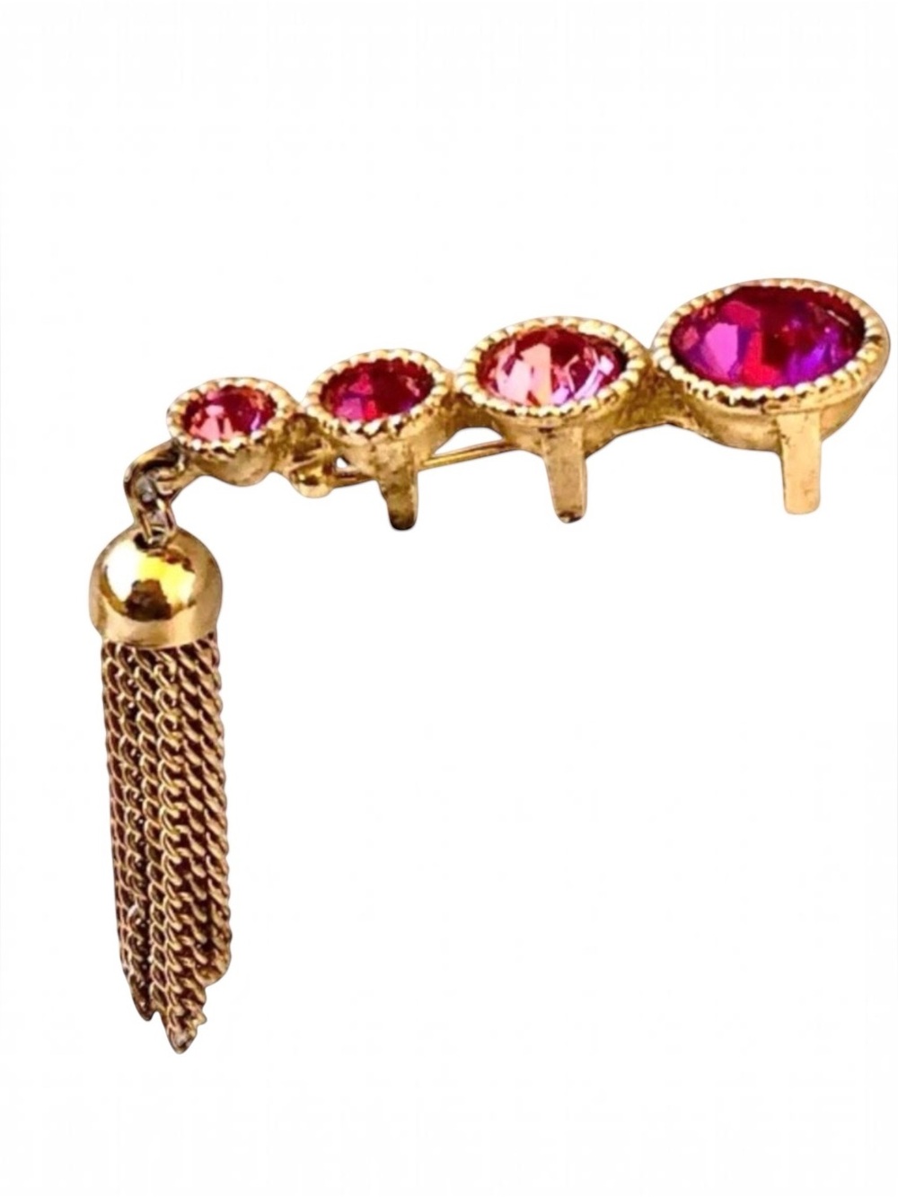 Sarah Coventry Vintage Brooch Pin Pink Rhinestones Gold Tone Tassel Signed